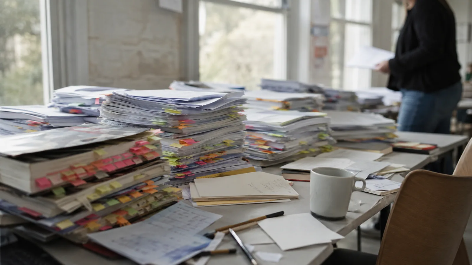 Un bureau d’atelier couvert de piles ordonnées d’ouvrages et de documents annotés, baigné de lumière naturelle.